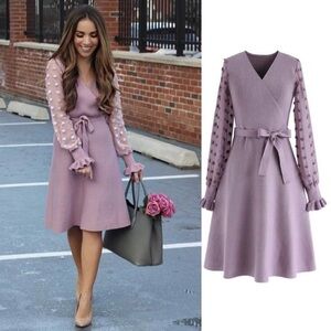 Chicwish Elegant Lavender Wrap Dress with Sheer Sleeves